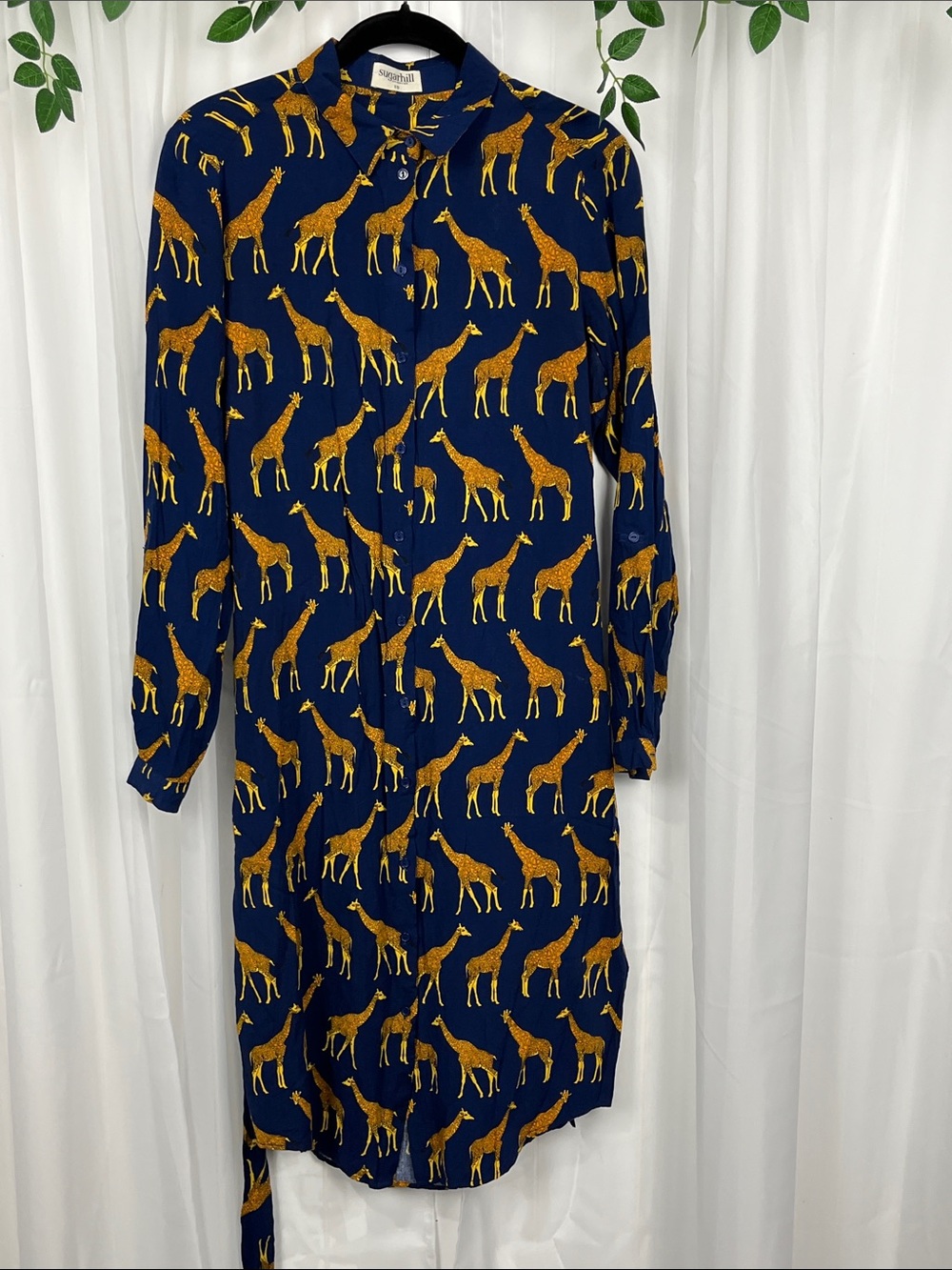 Sugar Hill Shirt Dress The Reva 10 Navy Gold Giraffe Print Belt 100% Viscose EUC